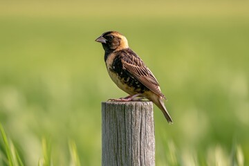 Fototapeta premium Perched bobolink on rustic post with soft green background