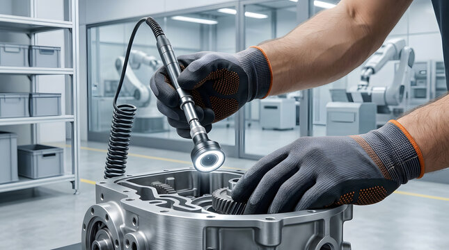 Technician Inspecting Gearbox Interior with Illuminated Borescope in Automotive Factory