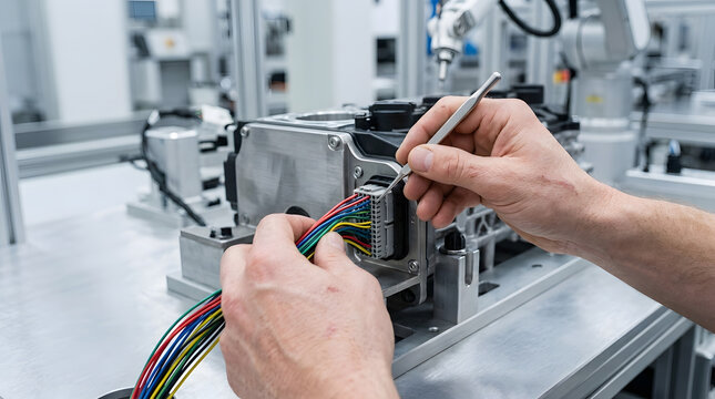 Technician Connecting Multicolored Wiring Harness to Automotive Component in Factory
