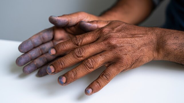 Peripheral cyanosis: blue-tinted hands of a man&acirc;&euro;&trade;s forearms in neutral lighting