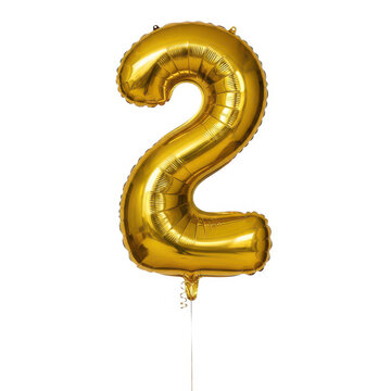 Gold foil number two balloon isolated on white background