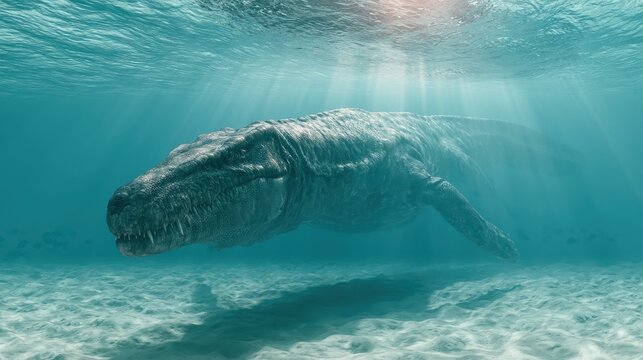Photo-realistic mosasaurus approaching in a shallow sunlit sea (digital illustration)