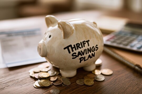 Piggy bank labeled Thrift Savings Plan on a desk with coins and savings documents