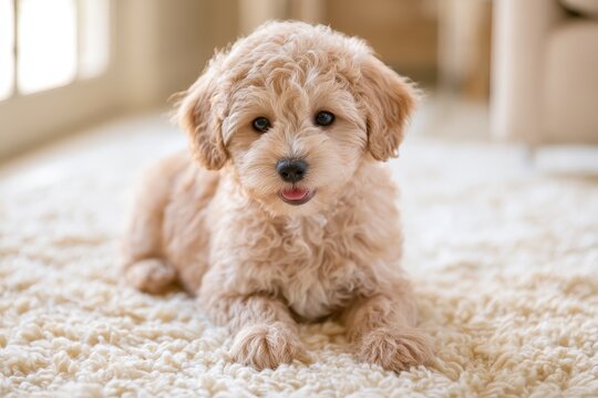 Playful miniature goldendoodle puppy relaxing in a sunlit living room
