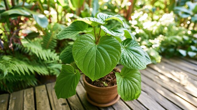 Polynesian-inspired garden scene featuring a healthy kava plant