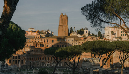 Fototapeta premium Pinos piñoneros enmarcando las históricas ruinas romanas y la Torre delle Milizie bajo la cálida luz del atardecer