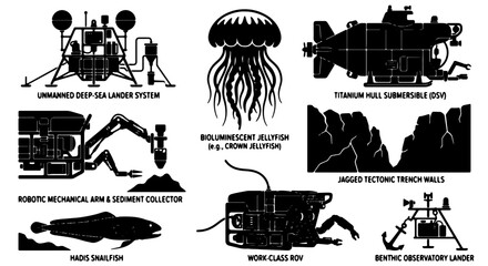 Deep Sea Exploration Vector Icons: Submersible, Lander, Robotic Arm, Bioluminescent Jellyfish, Trench Walls, and Marine Life Icons for Science and Technology Concepts © Balu