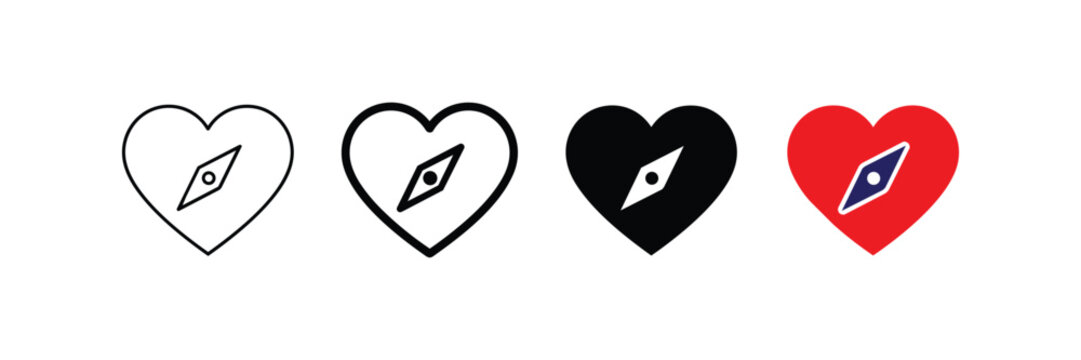 Heart arrow direction icon set vector with transparent background, flat black silhouette love navigate symbols with outline, filled, red variations, PNG cutout compass design