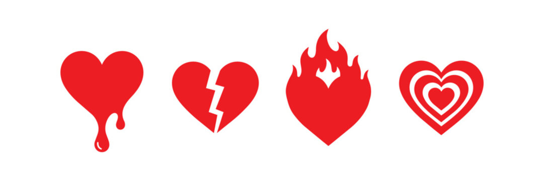 Heart emotion icon set vector with transparent background, flat red silhouette broken bleeding fire double heart symbols, filled variations, PNG cutout love expression design