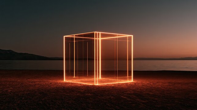 A glowing orange cube stands on a dark beach by a calm, vast body of water