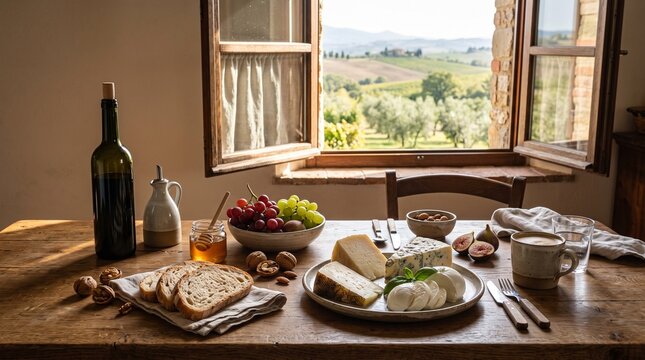Gourmet cheese platter with wine and rustic bread on a wooden table by an open window overlooking a scenic Mediterranean landscape