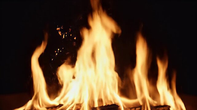 Close-up of bright orange flames dancing upwards from burning logs