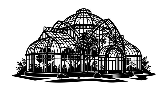 Ornate Greenhouse Vector Illustration, Victorian Conservatory Building, Botanical Garden Structure, Black and White Architectural Design