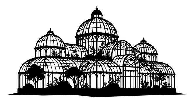 Ornate Greenhouse Vector Illustration, Victorian Conservatory Architecture, Botanical Garden Structure, Glasshouse Design, Black and White Silhouette