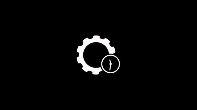 Animated gear cogwheel and clock time icon on black background. Rotating gear wheels with clock symbol animation for settings and time management concept with alpha channel