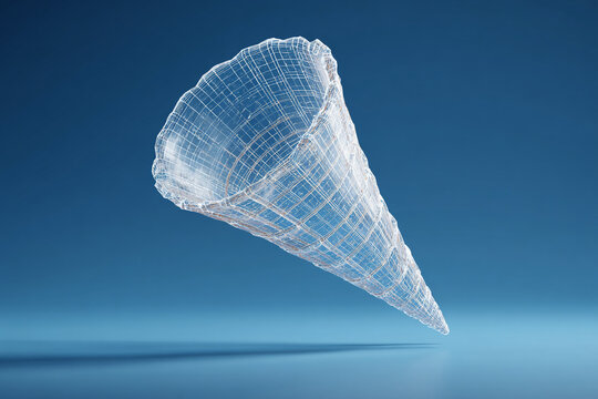 Transparent glass wireframe cone structure with detailed grid mesh floating on clean blue gradient background futuristic 3D geometry digital modeling tech graphic design element 3D illustration