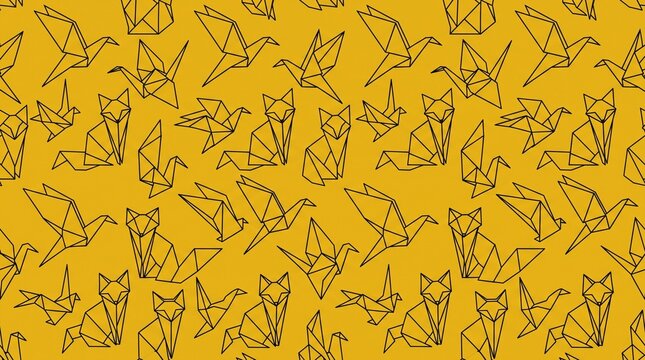 Geometric origami animals seamless pattern featuring paper birds and foxes in line art style