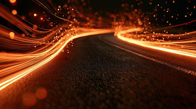 Futuristic road with fiery light trails and glowing sparks in motion