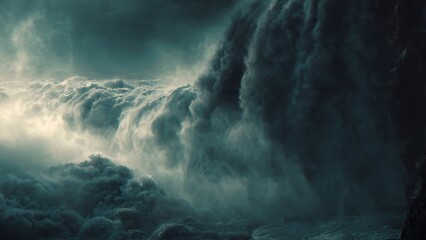 Fototapeta premium Dramatic cloud formation cascading over a dark cliff edge.