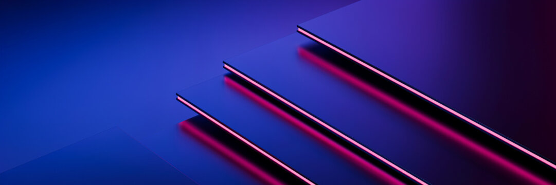Minimalist composition of three overlapping blue panels with glowing red side lighting minimalist background geometric abstract perspective structure composition contrast parallel backdrop