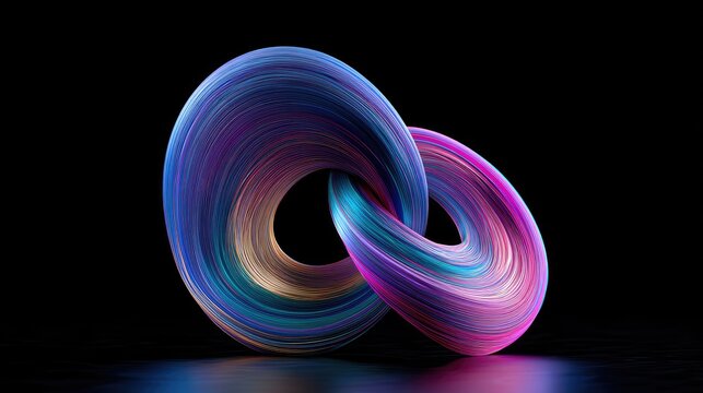 Abstract intertwined torus shapes with swirling, iridescent, paint-like textures