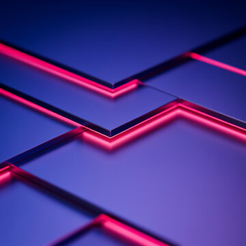 Abstract dark blue surface with bright pink glowing neon edge light pathways abstract lighting pathways background structure material perspective composition backdrop contrast industrial