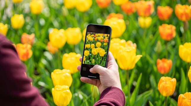 Modern technology meets spring nature as a person captures bright colorful tulips on a smartphone.