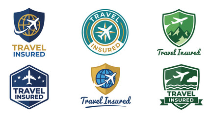 This collection of travel insurance-themed logos emphasizes safety, adventure, and travel with creative designs featuring airplanes and shield motifs for reliability. © Bobby