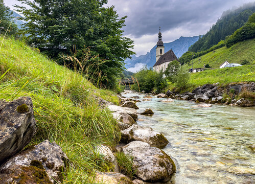 Historic Village Church in Ramsau with Mountain Stream, Berchtesgaden Alps