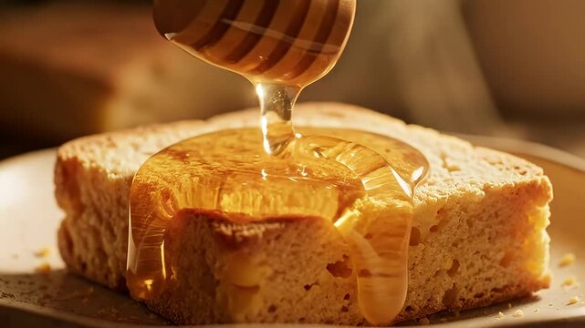 Golden honey pouring onto a fresh slice of bread
