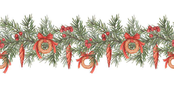Garland of fluffy spruce branch, decorated rowan berries, bows, bagles, red glass icicles. Seamless border. Hand-drawn watercolor illustration isolated on white background. Ideal for Christmas decor