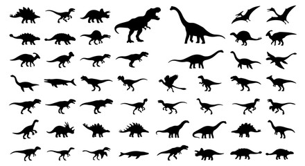 Collection of 50 Dinosaur Silhouettes, Prehistoric Reptile Vector Icons, Jurassic Era Creatures, Ancient Animal Shapes for Educational and Design Projects © Lalmiya