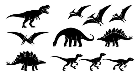 Dinosaur Silhouettes Collection: Tyrannosaurus Rex, Pterodactyl, Stegosaurus, Brontosaurus, Raptor Vector Icons for Paleontology and Prehistoric Themes © Lalmiya