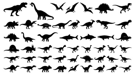 Dinosaur Silhouettes Collection, Prehistoric Reptile Vector Icons, Mesozoic Era Creatures Set, Jurassic Period Animals Graphic Elements © Lalmiya