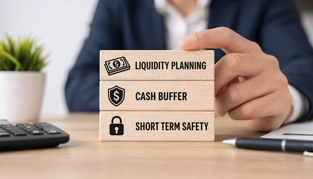 Professional holding wooden blocks illustrating financial concepts like liquidity planning cash buffer and short term safety at desk