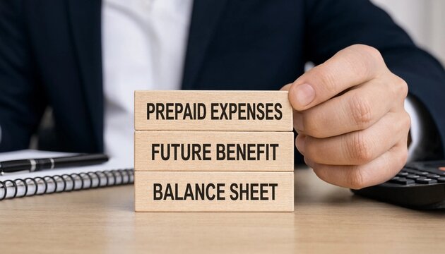 Professional holding wooden blocks illustrating prepaid expenses future benefit balance sheet accounting concept