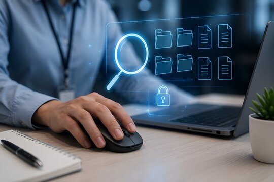 Businessperson searching secure digital files and encrypted documents database on laptop.