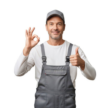 Cheerful construction worker giving thumbs up and peace sign