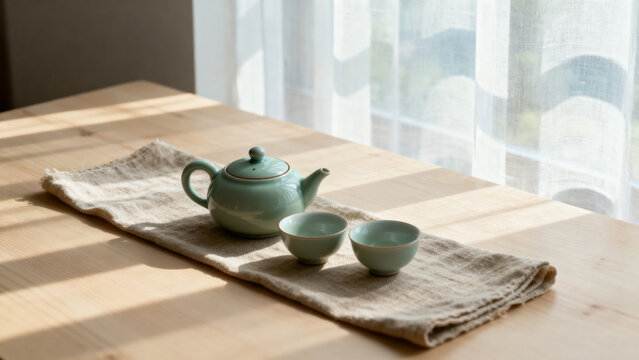 Celadon teapot and two cups on natural linen runner, serene tea time and home decor concept.