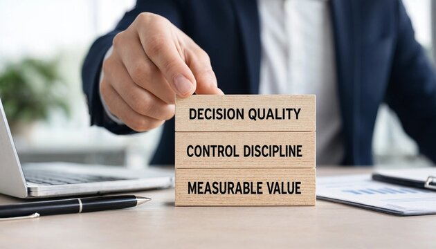 Professional pointing at wooden block with decision quality control discipline and measurable value text on office desk