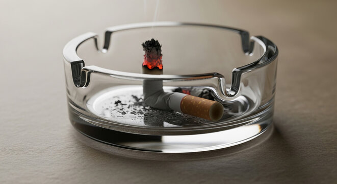 Close-up of a glass ashtray with a burning cigarette stub, ash, and smoke, representing a moment of pause or vice.