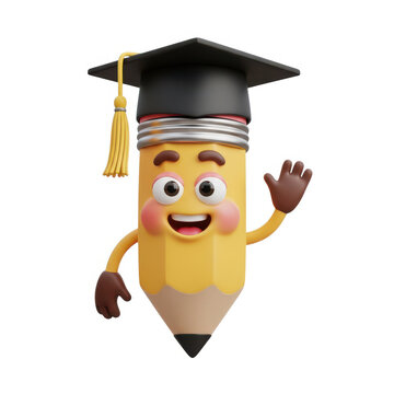 Cheerful cartoon pencil with graduation cap waving isolated on white background
