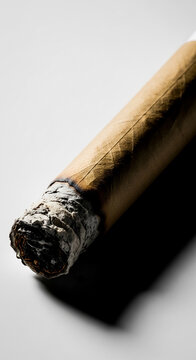 Close-up of a burning cigar with ash, showcasing texture and detail, symbolizing relaxation, indulgence, and a moment of pause.