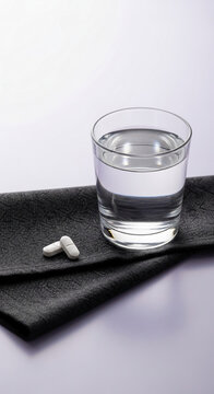 A glass of clear water sits on a dark cloth next to two white pills, symbolizing health and medication, suitable for medical or wellness themes