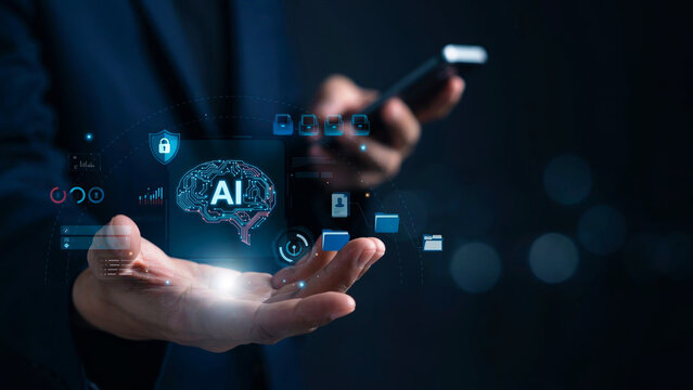 Man holding smartphone with artificial intelligence brain icon and various digital elements.