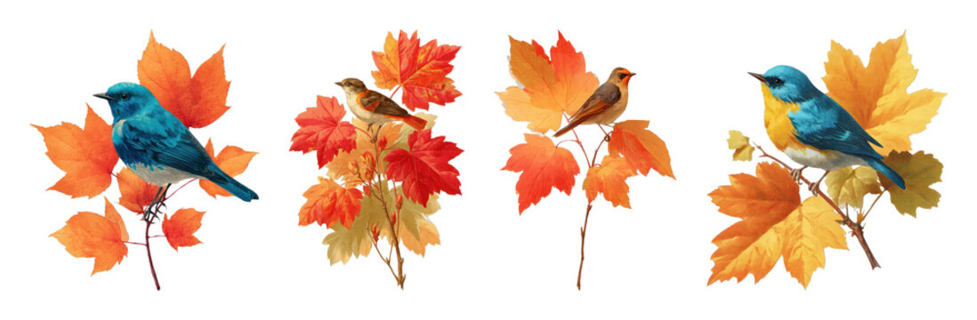 PNG Colorful birds perched on vibrant autumn leaves, transparent background