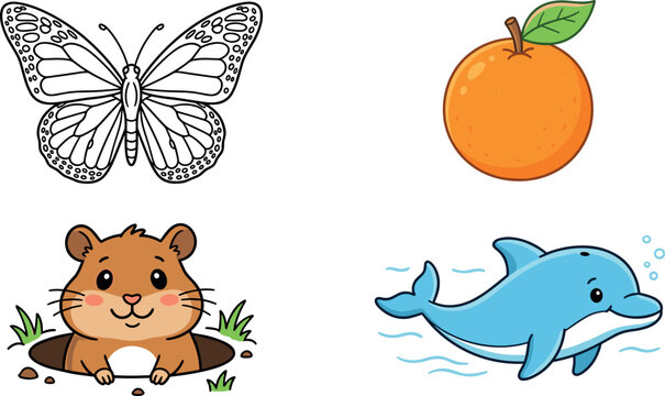 Cute vector illustration collection featuring butterfly line art orange fruit gopher and swimming dolphin