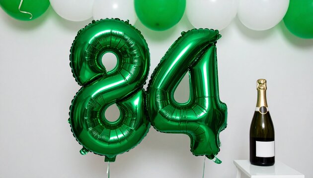 Green Number 84 Balloon with Champagne Bottle for Birthday or Anniversary Celebration