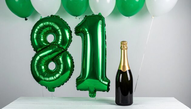 Green Number 81 Balloon with Champagne Bottle for Birthday or Anniversary Celebration