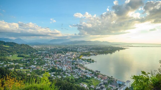 The City of Bregenz on the Lake of Constanze (Bodensee) in the State of  Vorarlberg, Austria, Timelapse Video during sunset.